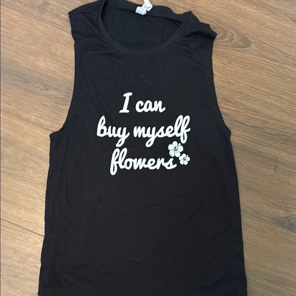 Black Muscle Tee with White Text and Floral Design